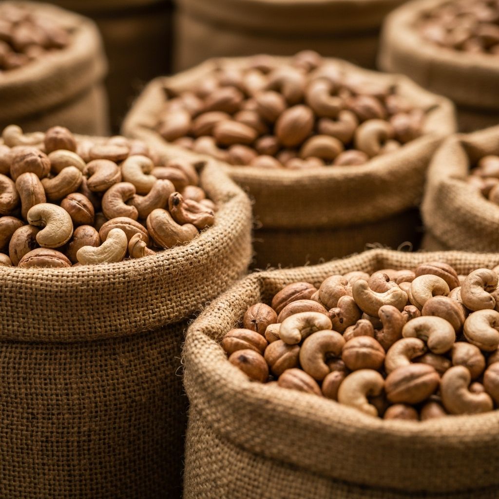 Premium raw cashew nuts in burlap sacks
